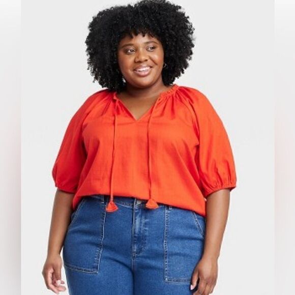 Knox Rose Boho Peasant Style with tassel tie orange red Puffy Sleeves Top 2X - Picture 2 of 11